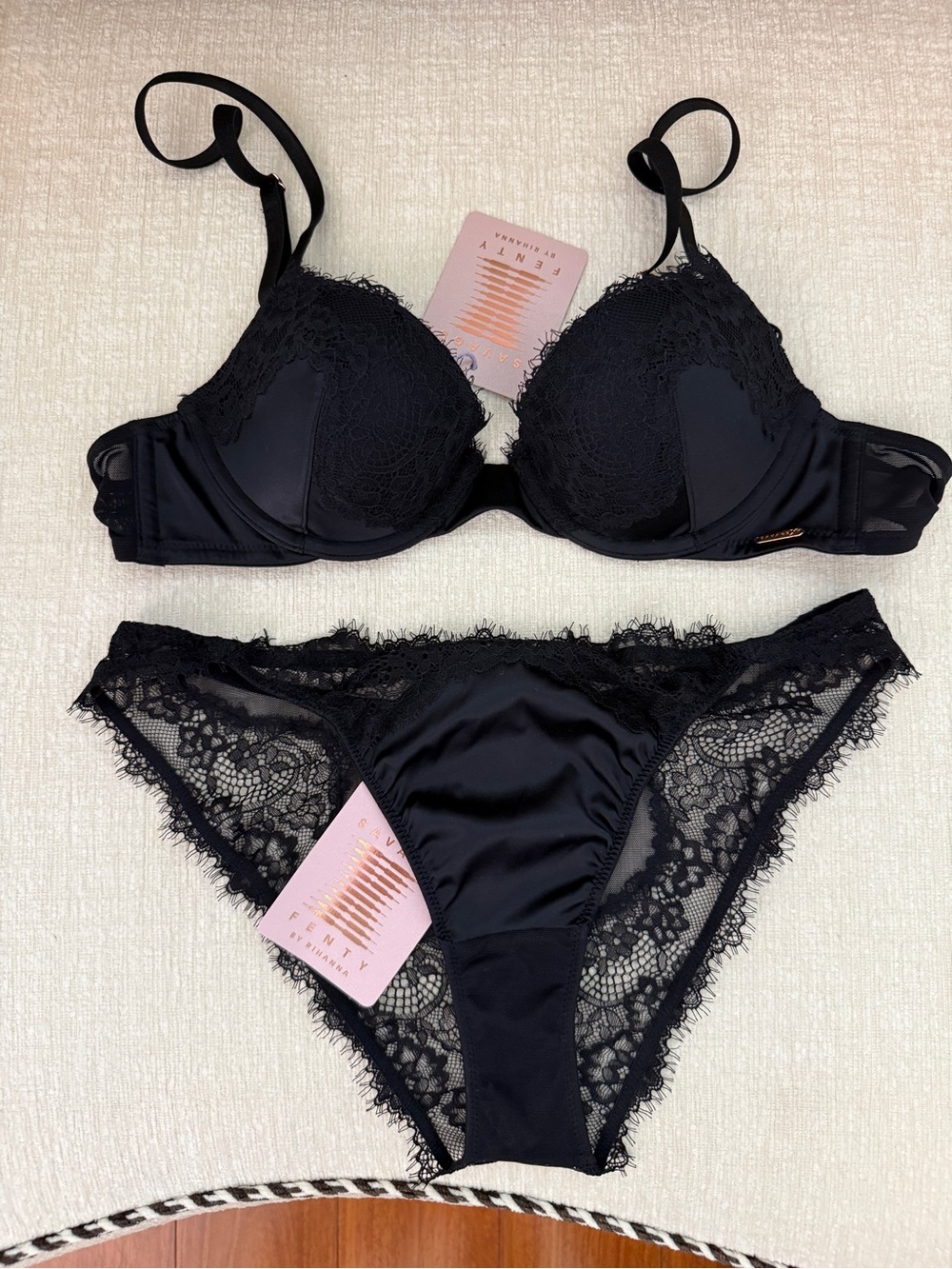 NWT Savage X Fenty Black Lace Satin Bra & Panty Set -  34A / XS
